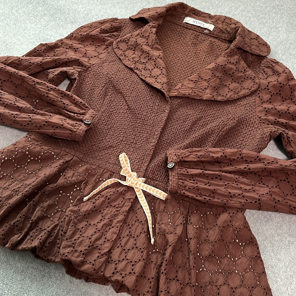 Coquette Cottagecore Peplum Jacket Top Small Petite Brown Girly Lolita Kawaii - Picture 8 of 11